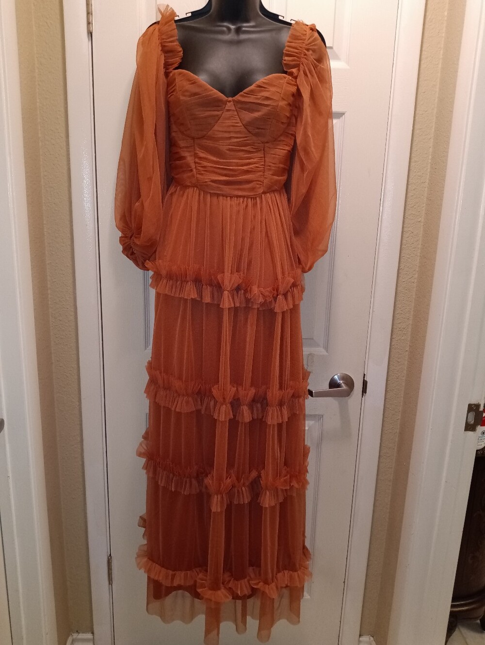 Nwt Lace & Neads Copper Rust Ruffled Tiered Chiffon Off Shoulder Maxi Dress